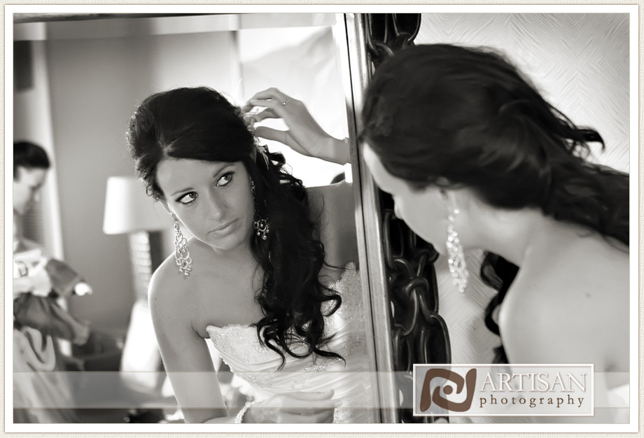 bride getting ready looking in the mirror, inside JW Marriott Desert Ridge in Phoenix