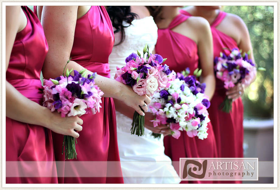 Close up of bridal party bouquets pink, lavender and white