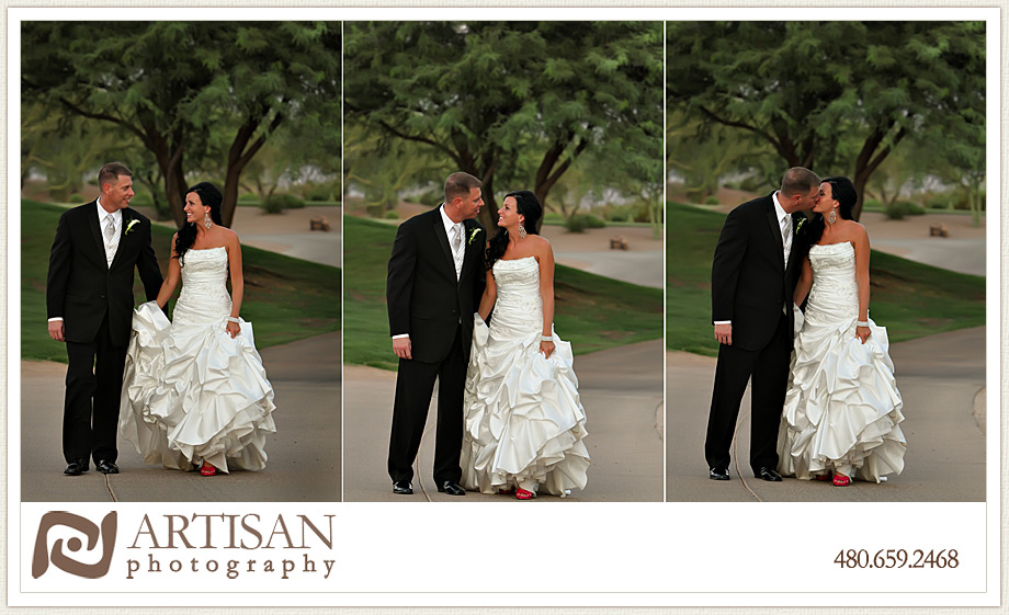 Bride and Groom having fun, walking and kissing
