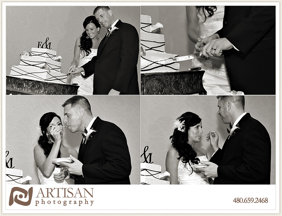 Bride and groom cutting the cake and feeding to each other