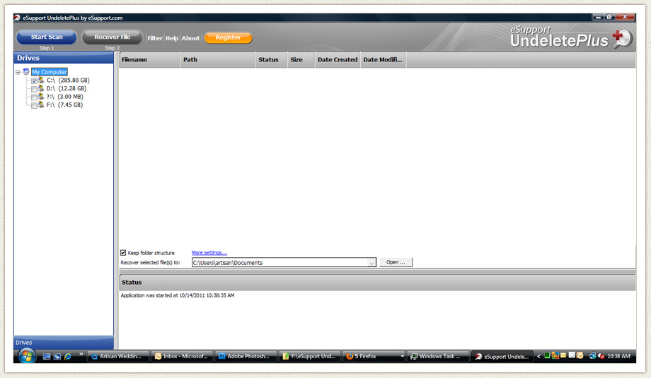 UndeletePlus program screen shot before starting scan
