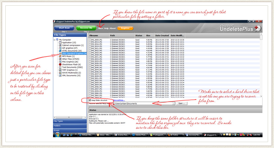 UndeletePlus program screen shot after initial scan with the recoverable file report