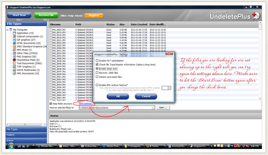 UndeletePlus program screen shot with the more settings window option