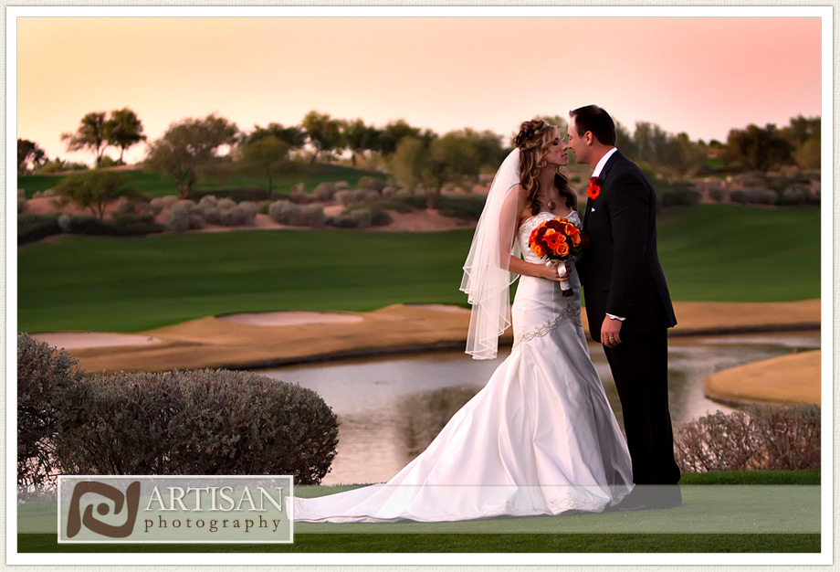 bride and groom picture at the Westin Kierland Resort in front of lake