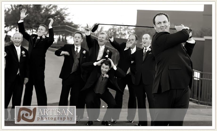 Photo of the groom playing golf with the groomsman