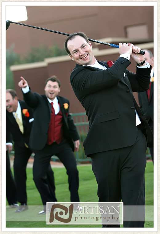 groom playing golf with groomsman