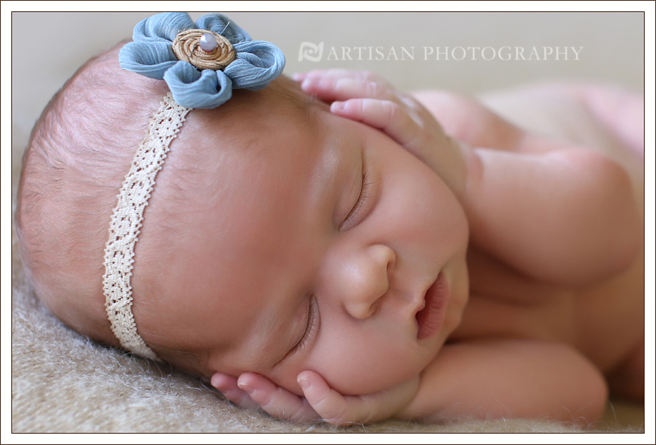 baby girl picture with blue flower band close up portrait, newborn