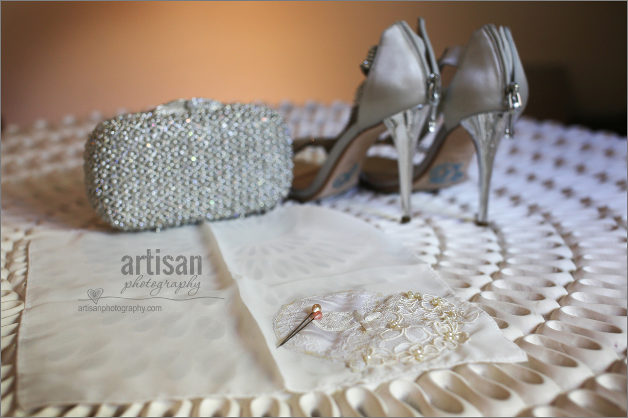 Bride shoes, purse and flower pins. Something old Something new