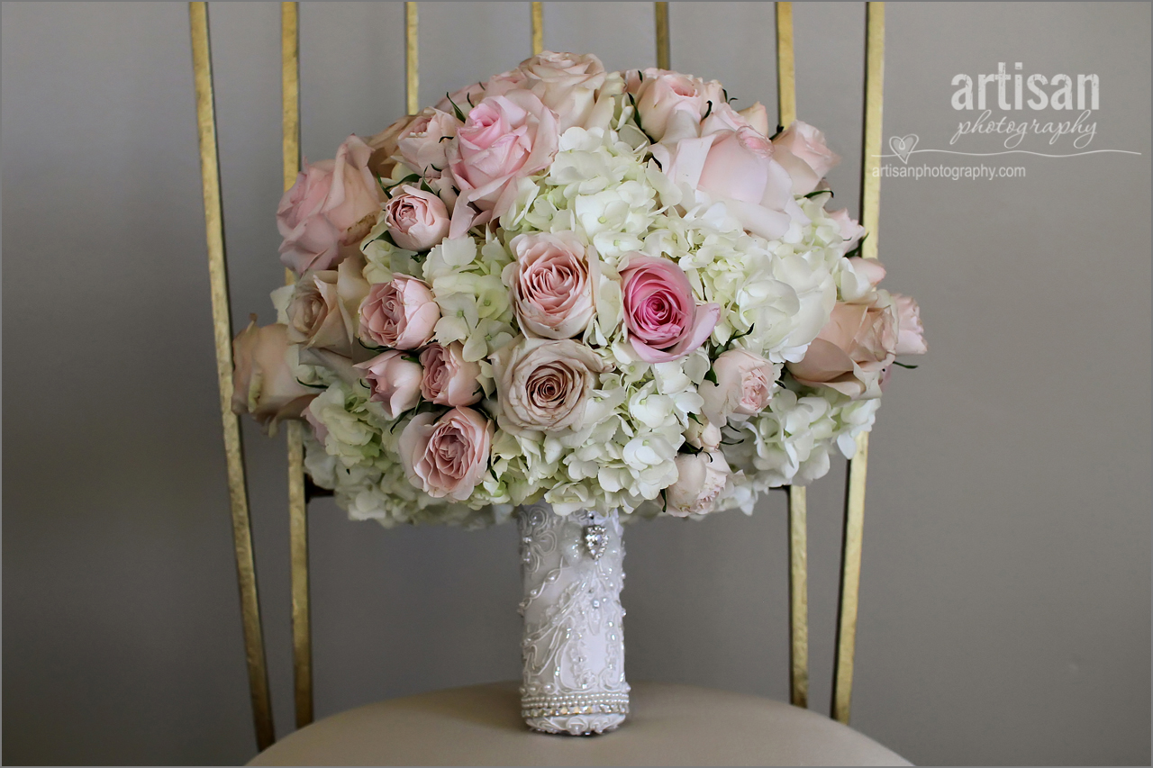 Bridal Bouquet with white hydrangeas and light pink roses made by Wild Child Floral Designs  