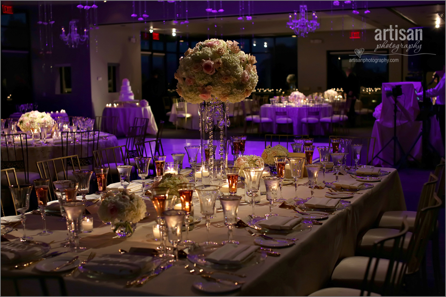 Sanctuary Camelback Mountain Resort ballroom decorated for a wedding with up lighting and fancy linens