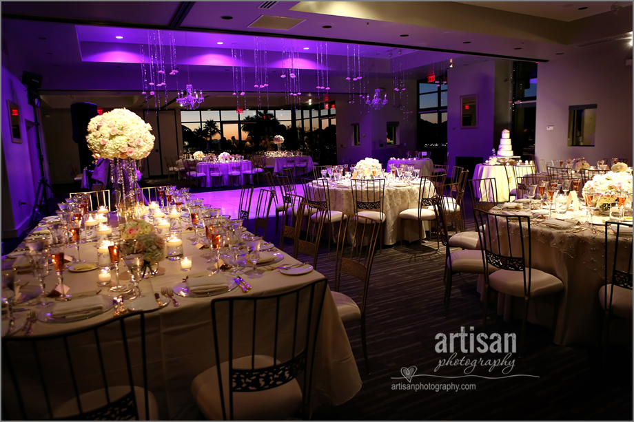 Sanctuary Camelback Mountain Resort ballroom decorated for a wedding with up lighting and fancy linens