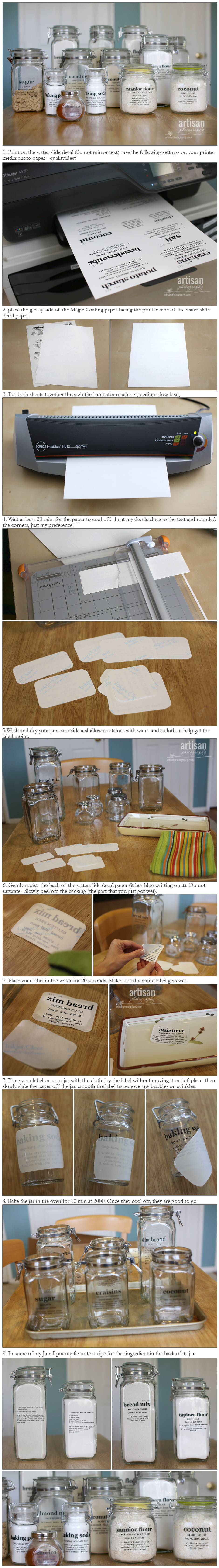 Instructions on how to make labels for glass jars using magic coating water slide paper.