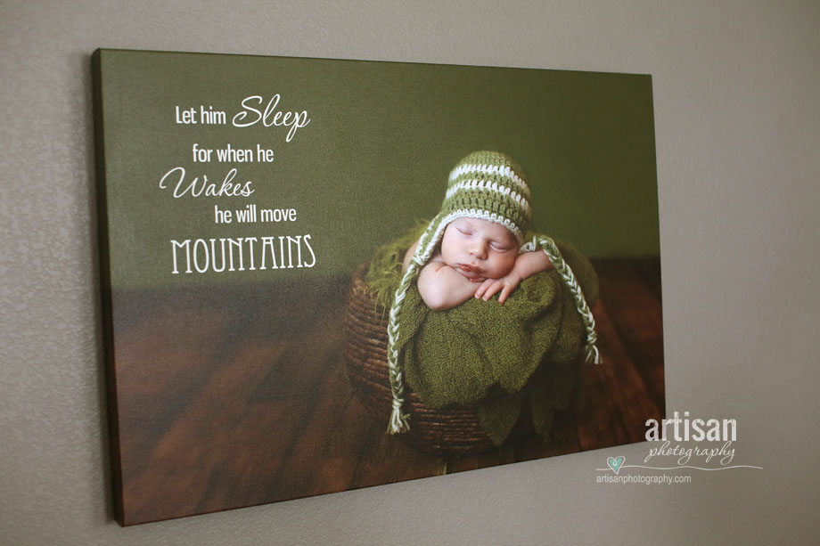 Artisan Photography custom designed baby canvas. Image of baby boy in basket with aviator hat and a green background