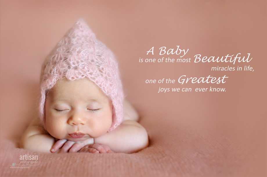 Artisan Photographhy Custom Designed Canvas With Baby Quote, baby girl in a cute pink bonnet on a dusty pink background