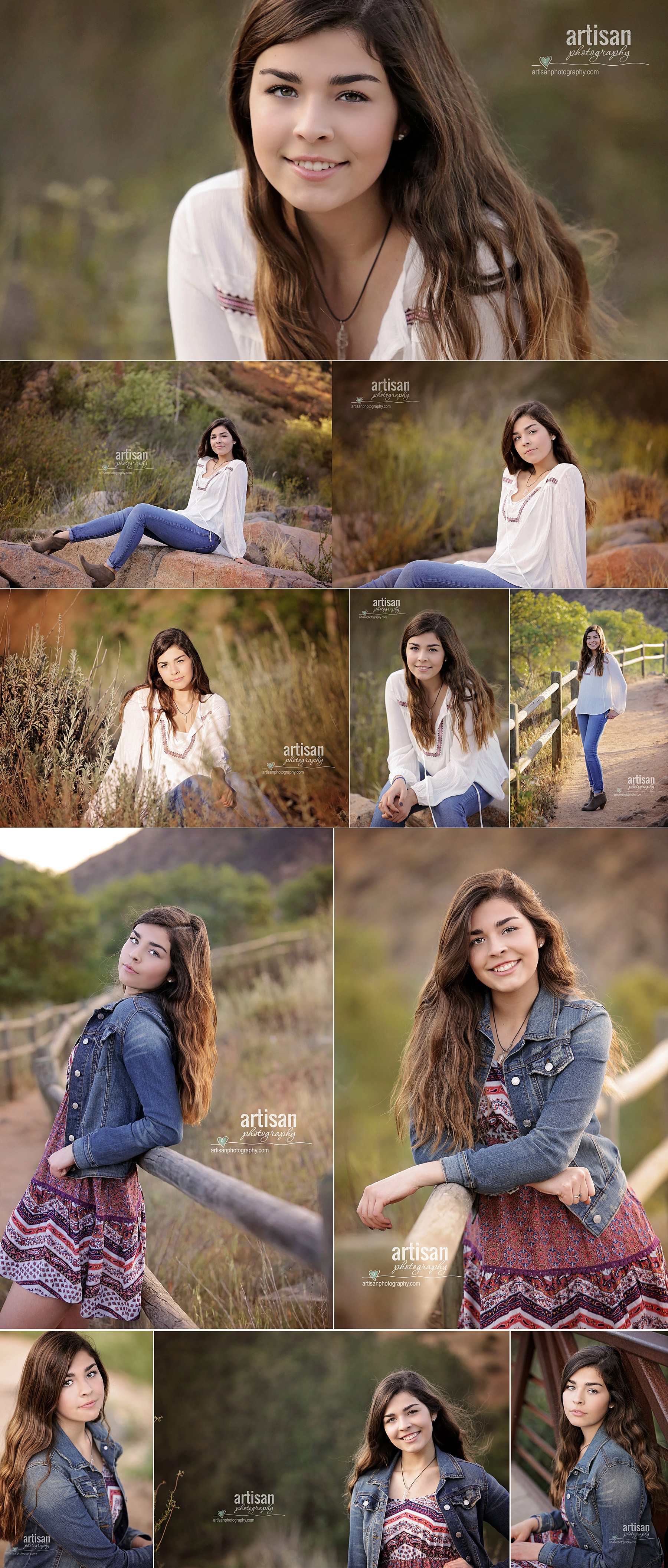 Carlsbad High School Senior Photos at a country location with tall grass, wooden bridges, rock formations and flowers. Two outfit changes beautiful setting