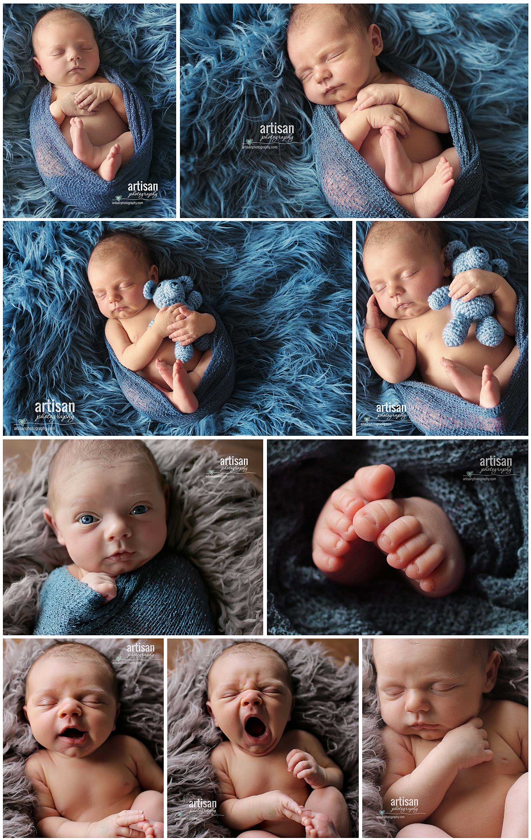 Carlsbad newborn photographer, photos of baby boy in blue background as well as closeup shots. North county Photographer