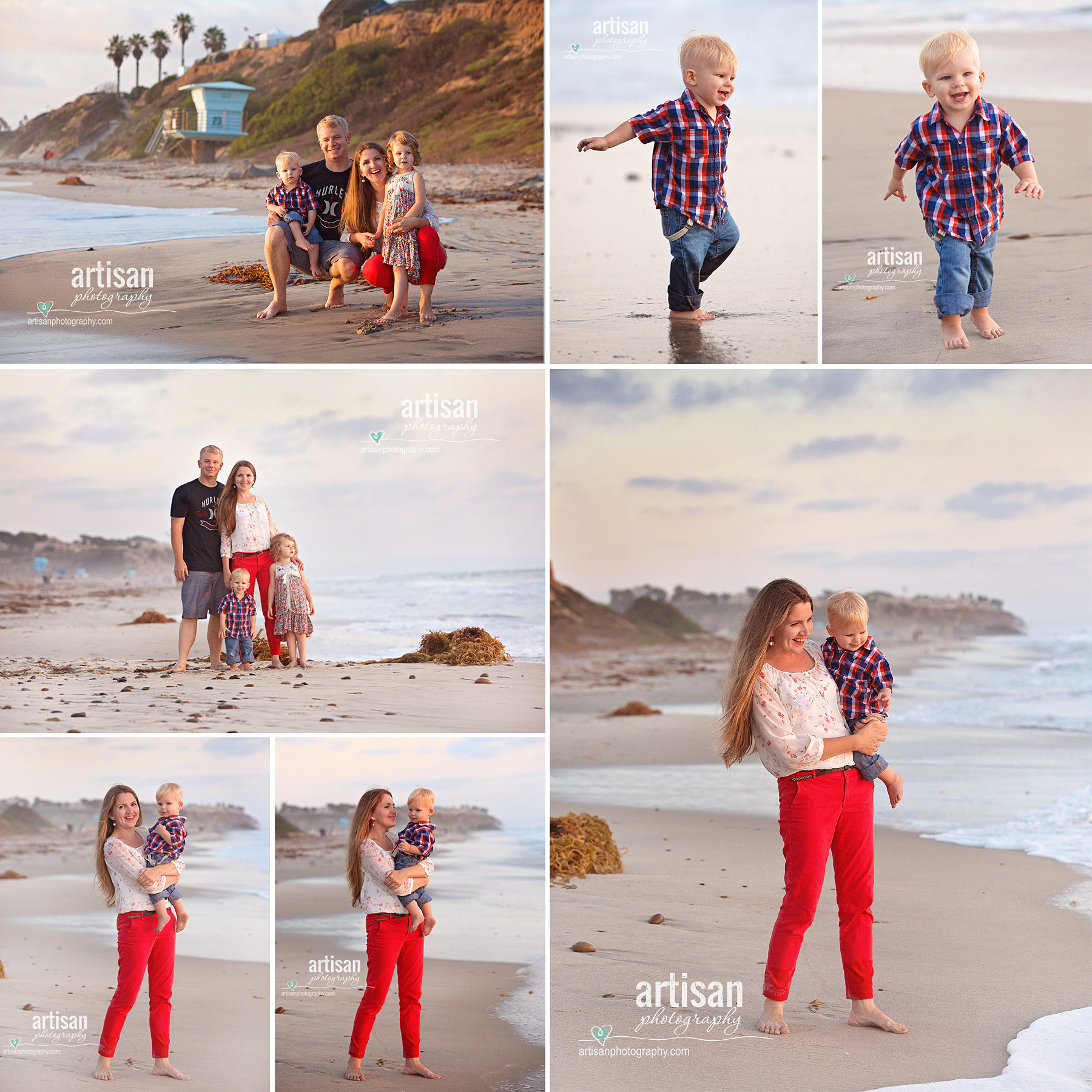 Family photoshoot on the beach in carlsbad with beautiful color coordinated outfits orange and blue images of the parents and two small kids.  Kids playing in the ocean.Carlsbad family photographer 