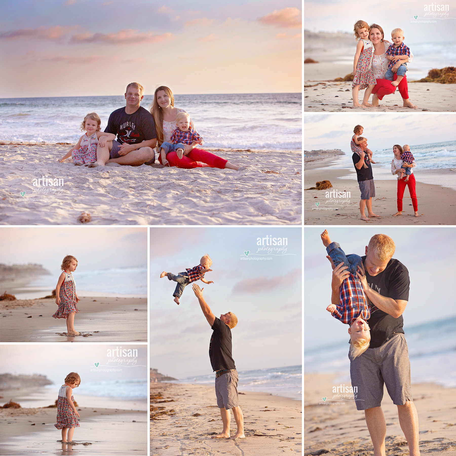 Family photoshoot on the beach in carlsbad with beautiful color coordinated outfits orange and blue images of the parents and two small kids. Carlsbad family photographer