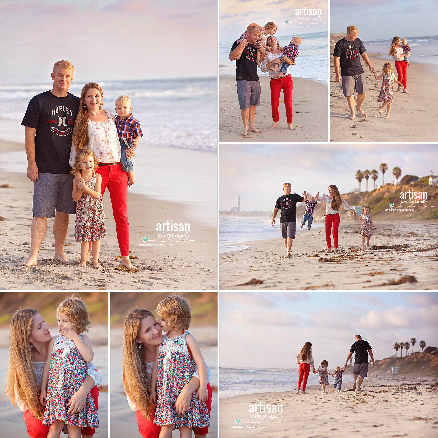 Family photoshoot on the beach in carlsbad with beautiful color coordinated outfits orange and blue. Carlsbad family photographer