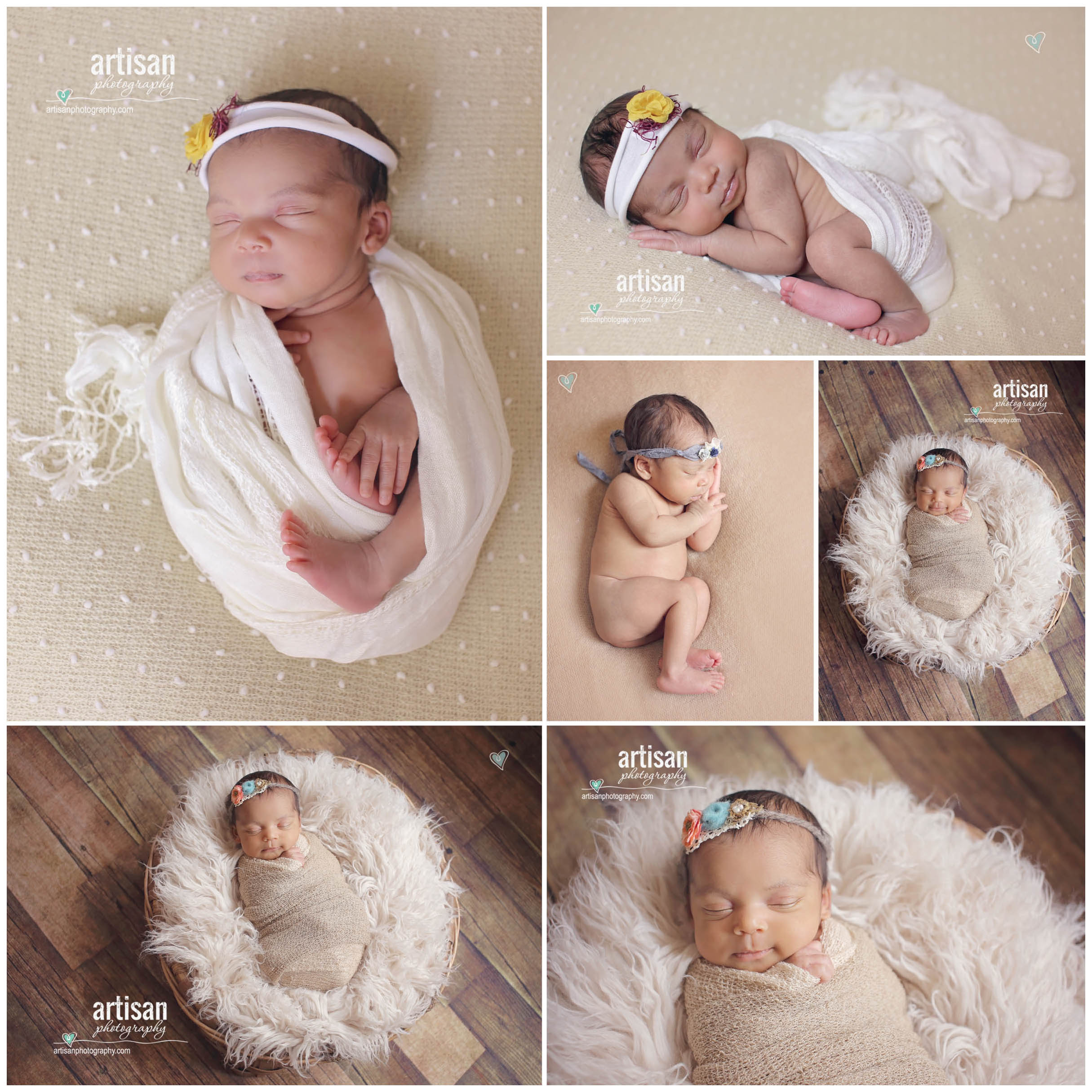 Newborn photo session neutral colors wooden floors and basket