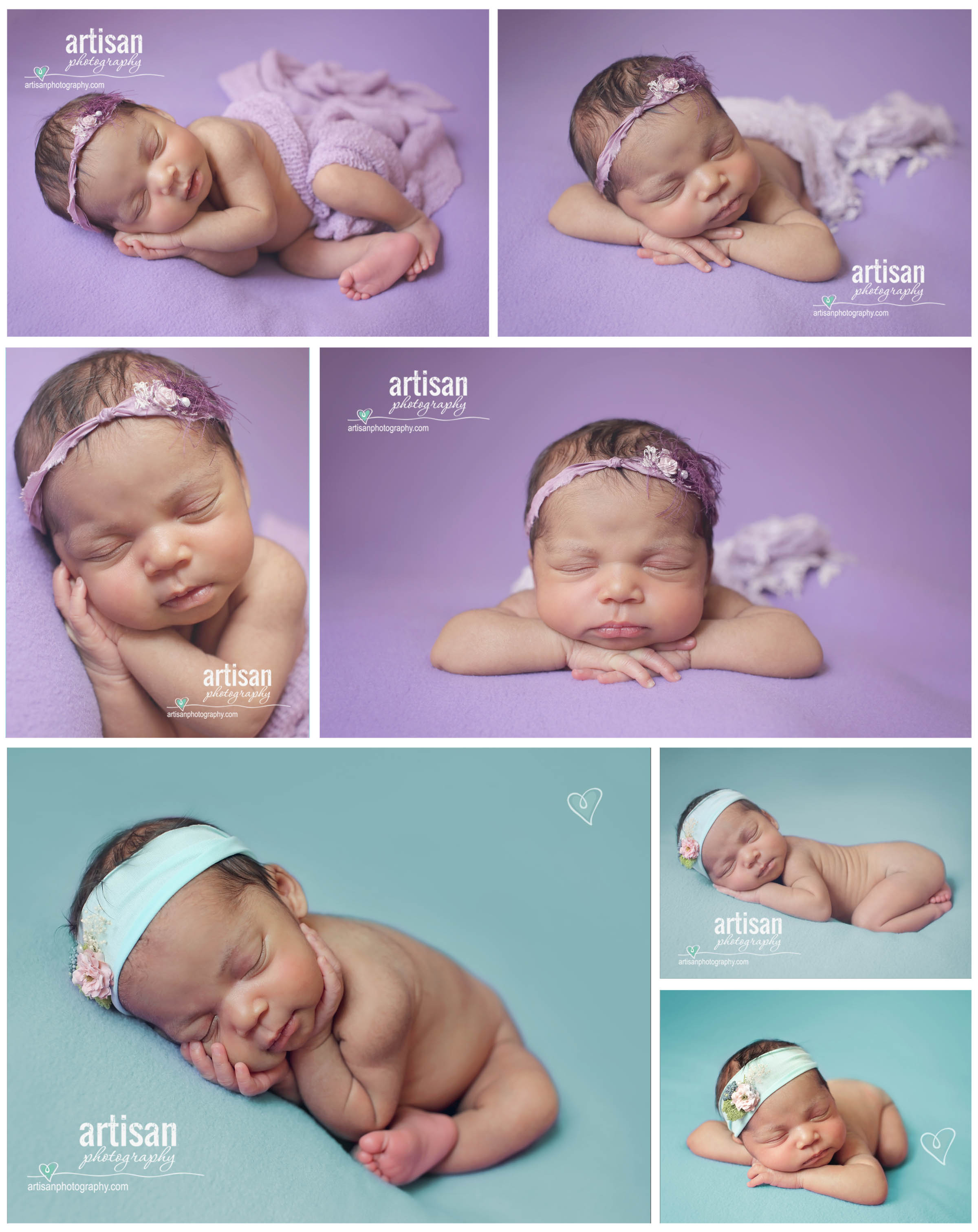 Newborn photo session bright colors with cute headbands and wraps