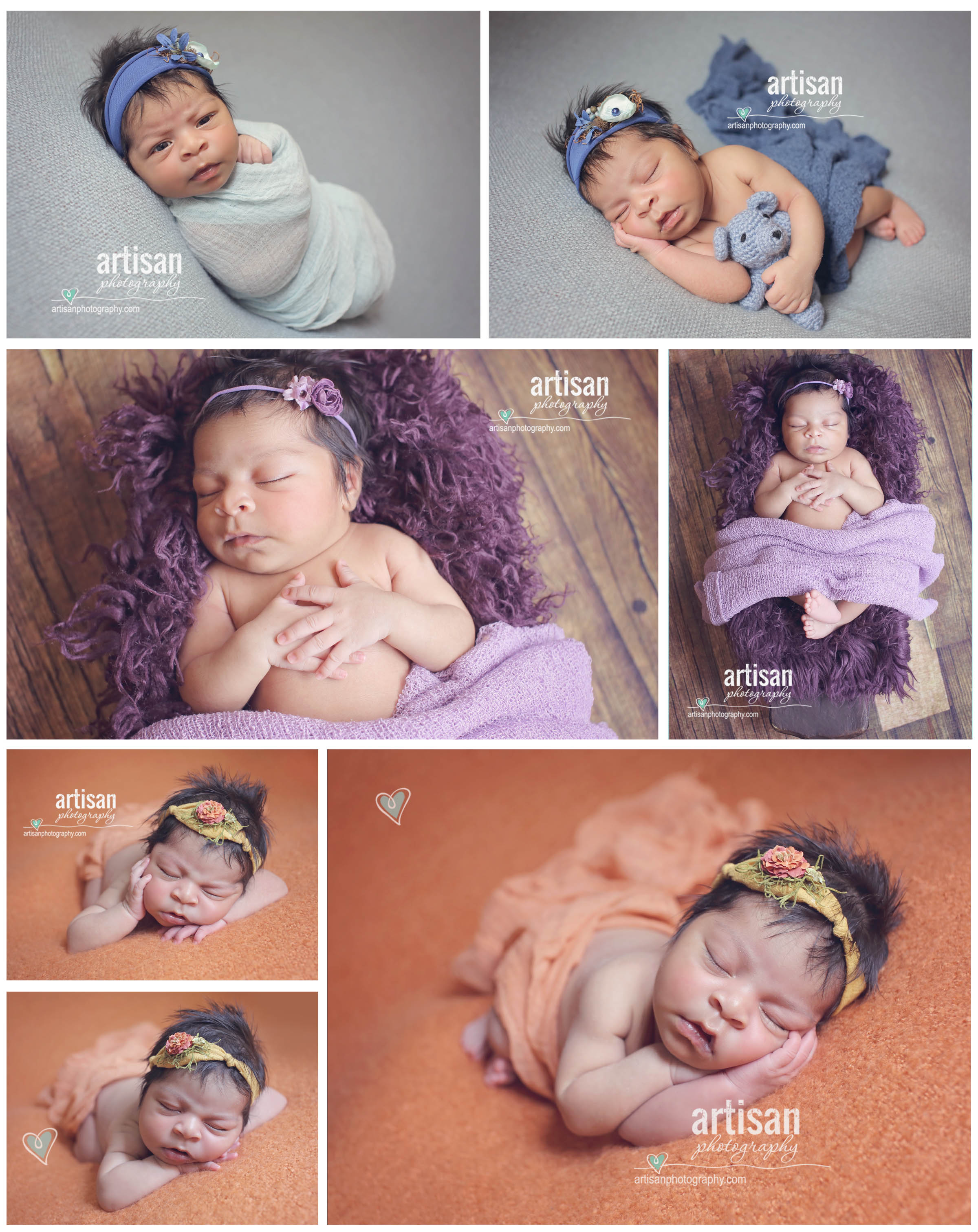 Artisan Photography newborn photos, baby girl on colorful backgrounds and cute headbands