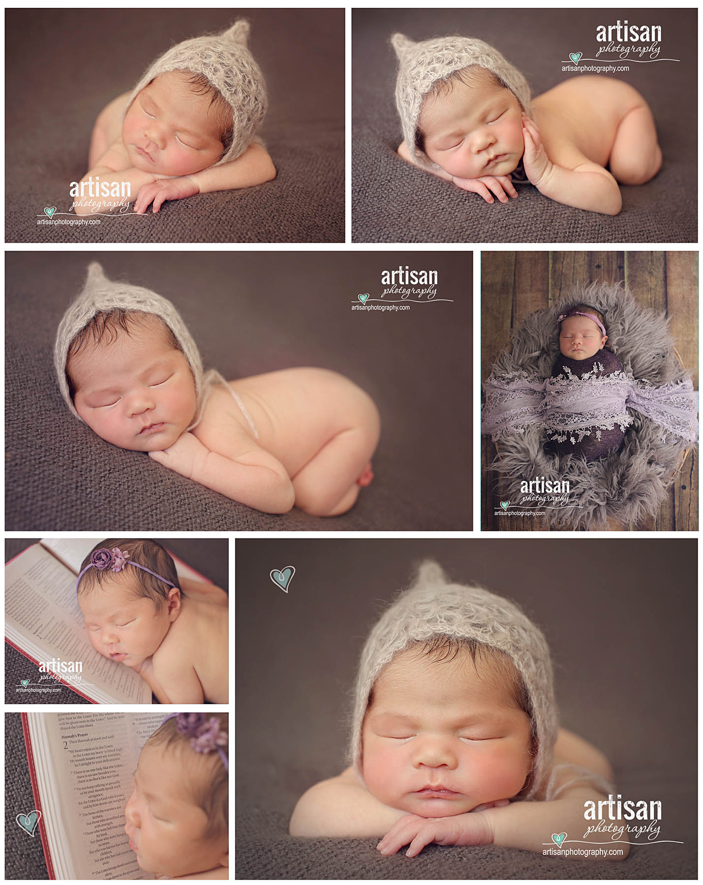 newborn baby photo on neutral tones with cute baby bonnet