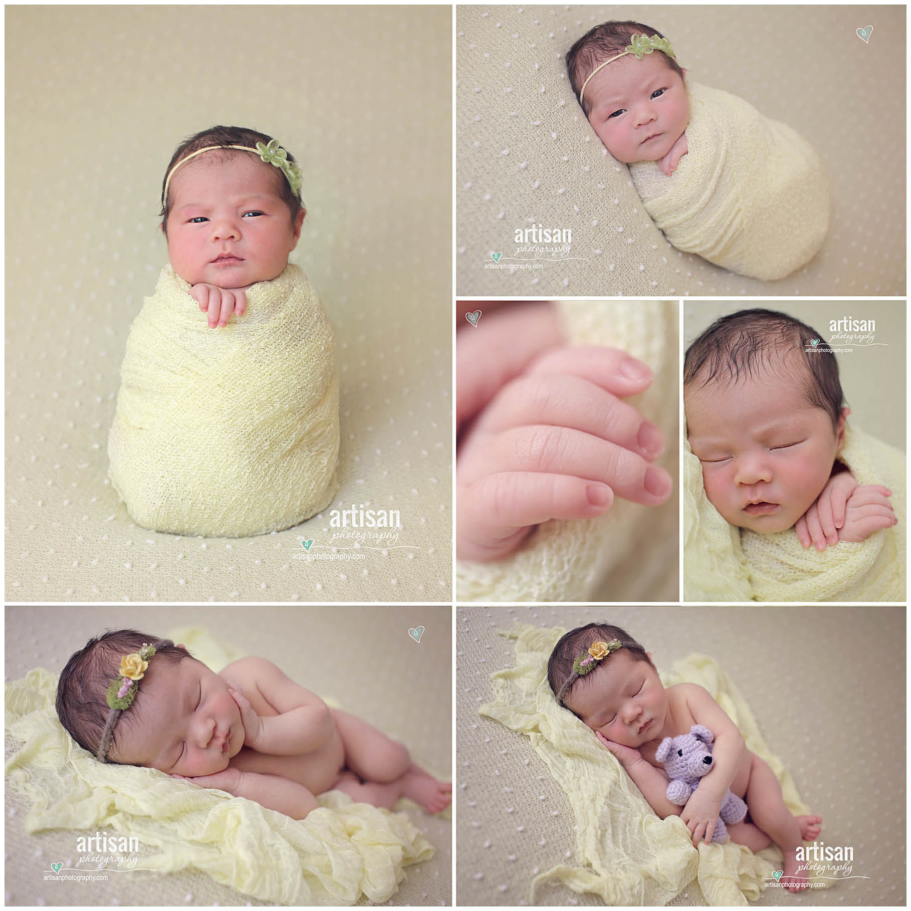 Newborn baby photos of baby girl on yellow background with cute headband and little purple bear