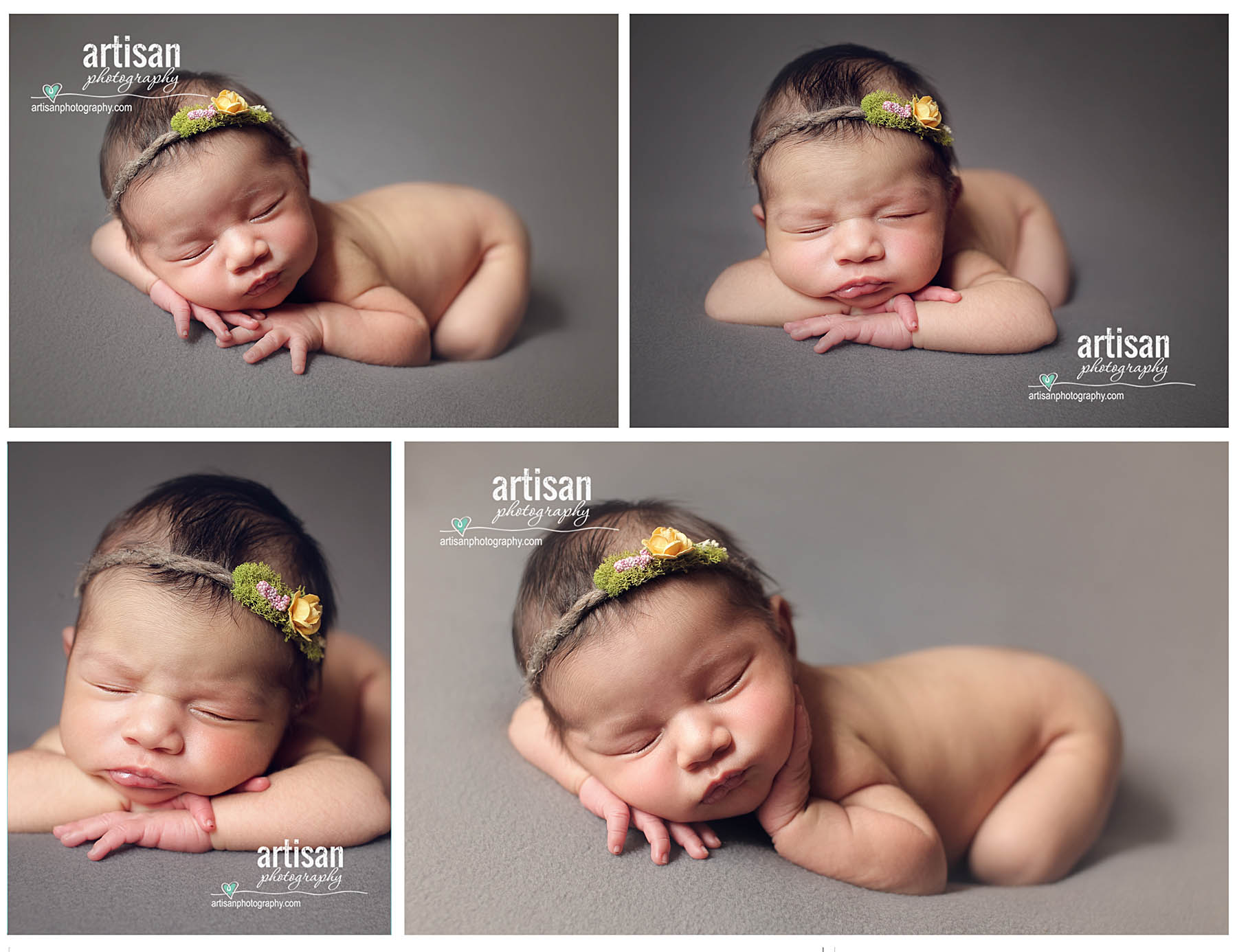 Newborn baby Girl on grey and pink background wearing cute headbands Carlsbad newborn photographer