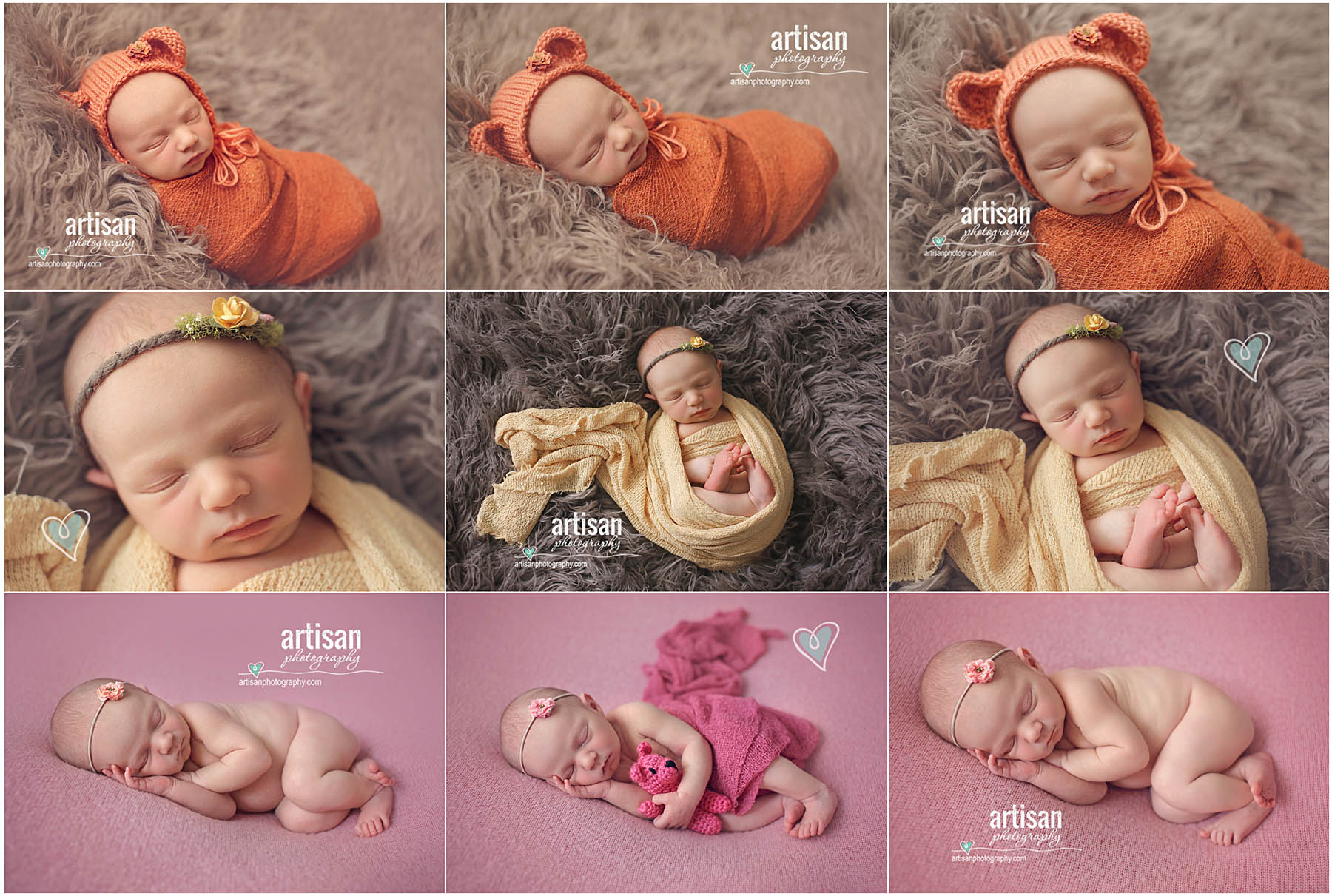 Newborn baby girl on three different poses with cute headbands on grey and pink background at our Carlsbad studio in California 