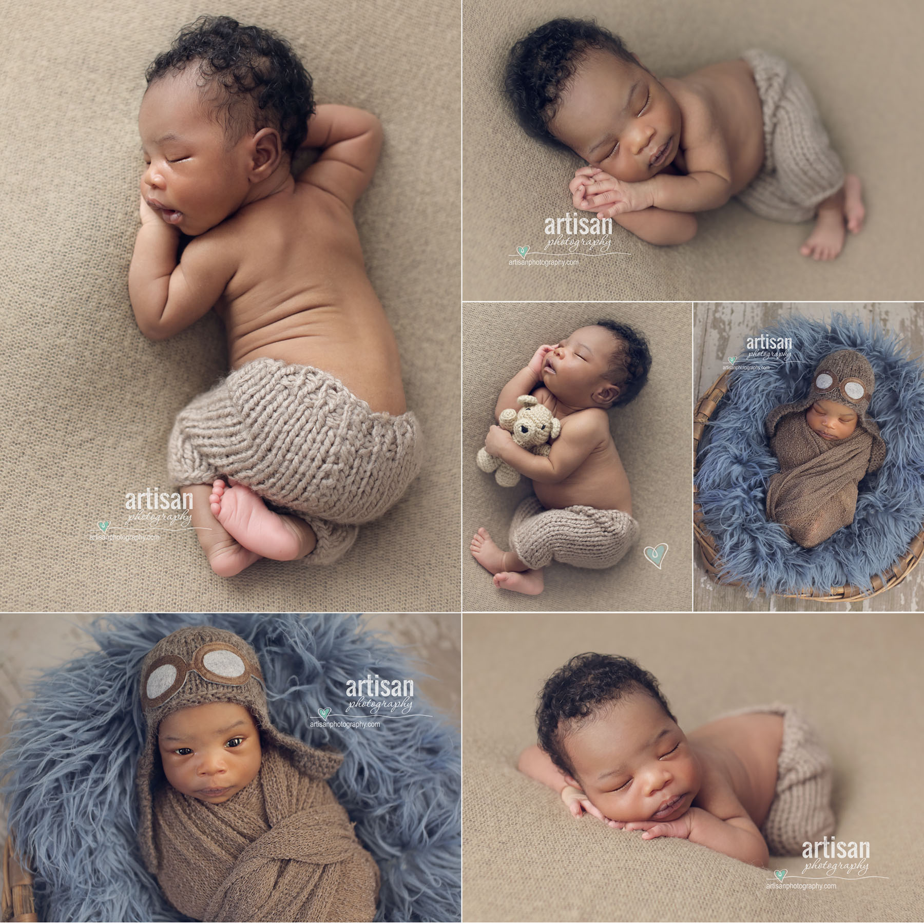 newborn baby boy photographed in aviator hat and cute beige pants by Carlsbad Studio Artisan Photography