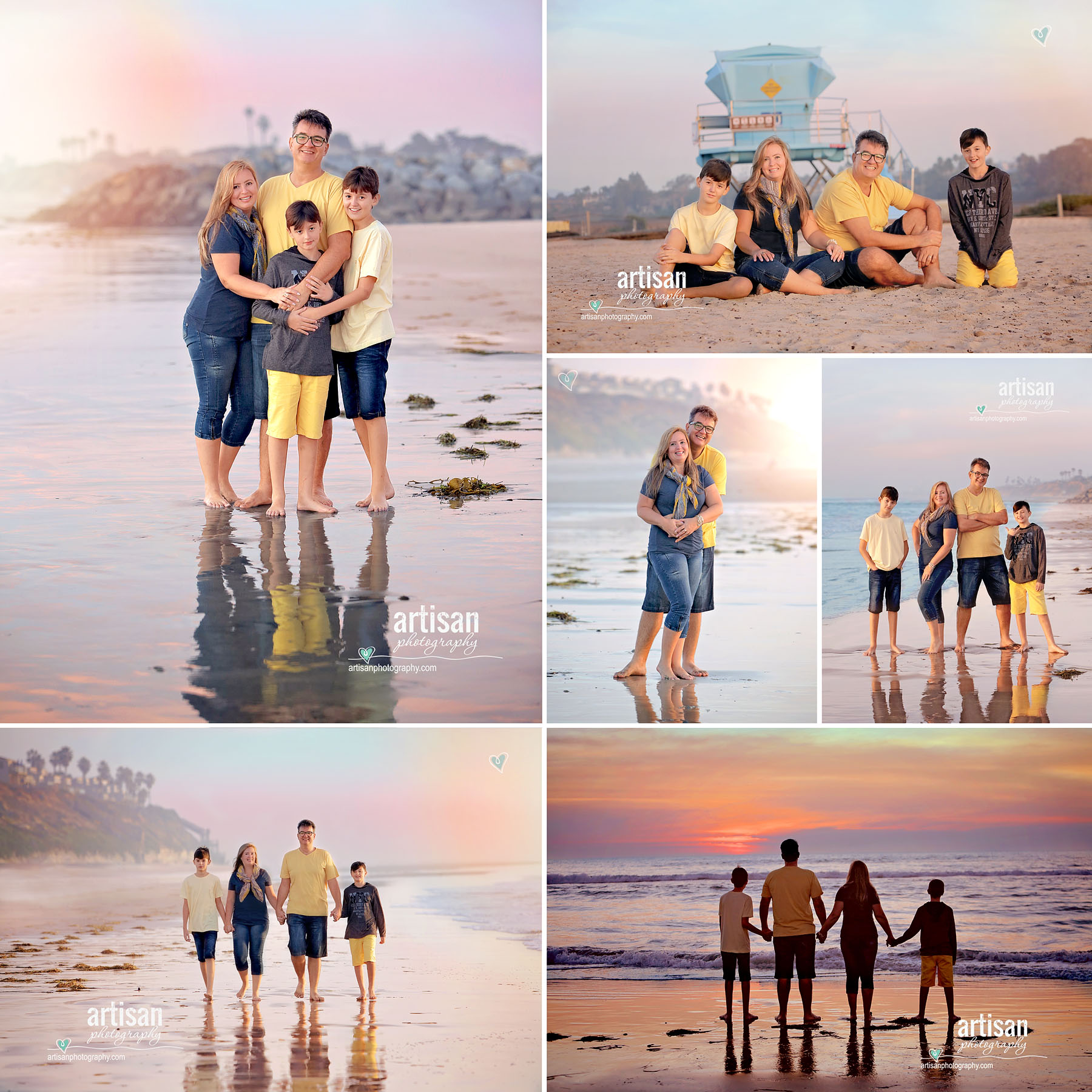 Family photoshoot on the beach color coordinating yellow, grey and blue for a beautiful composition - Artisanphotography.com image - Carlsbad photographer