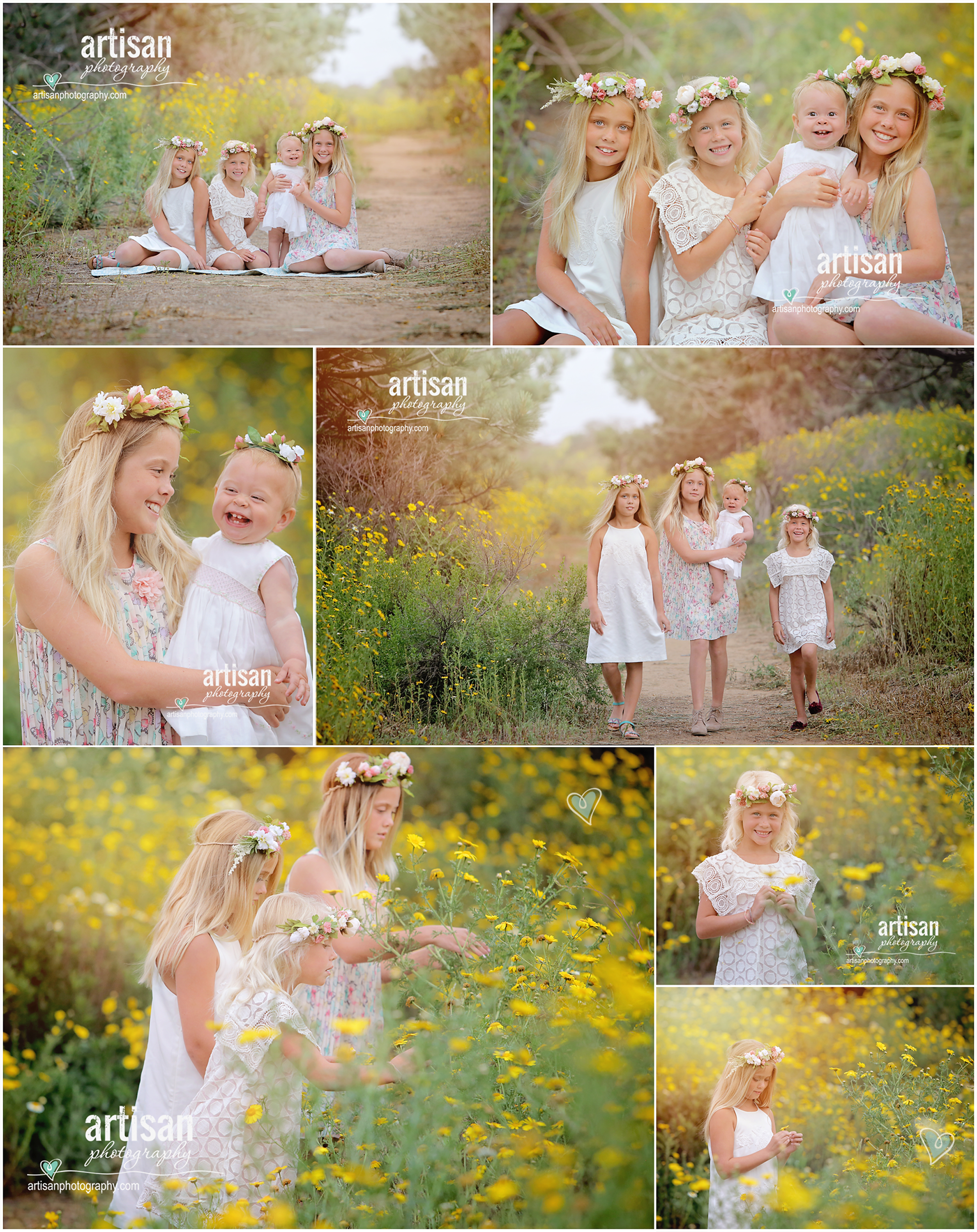 girls wearing flower crowns in Carlsbad on a field full of yellow flowers