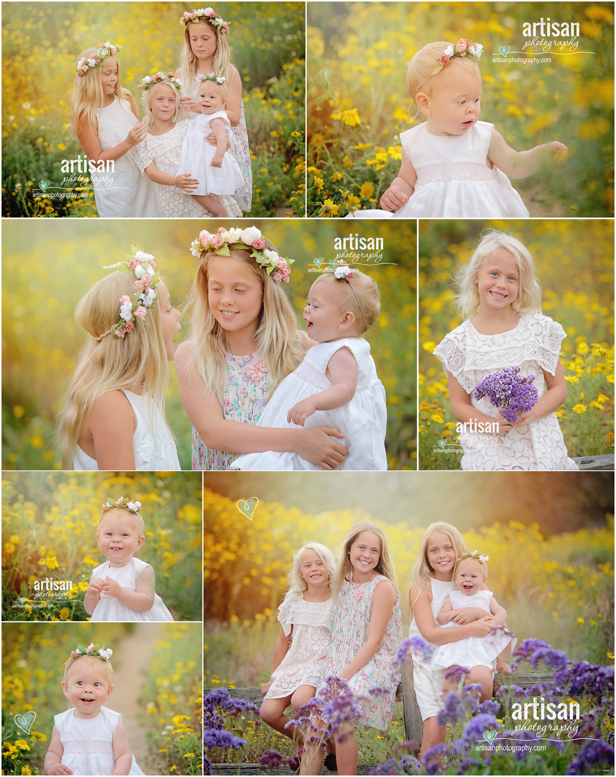 girls wearing flower crowns in Carlsbad on a field full of yellow flowers with white dresses very organic feel to the images