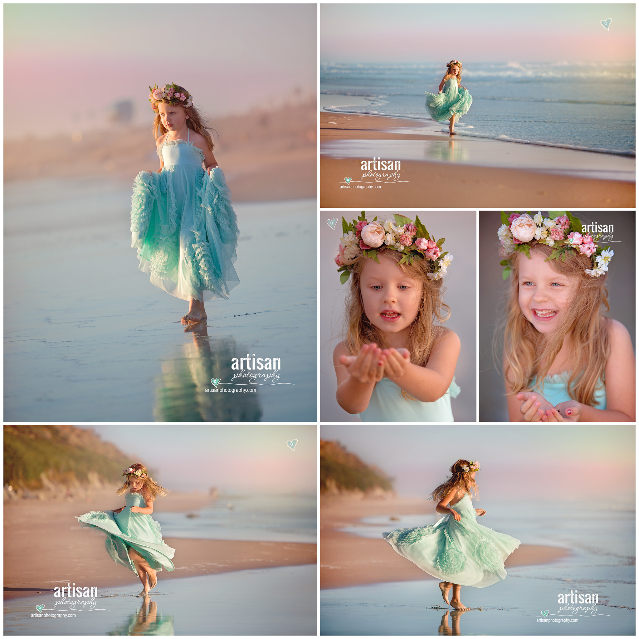 Artisan Photography Styled beach photoshoot, girl on carlsbad california beach with princess dress