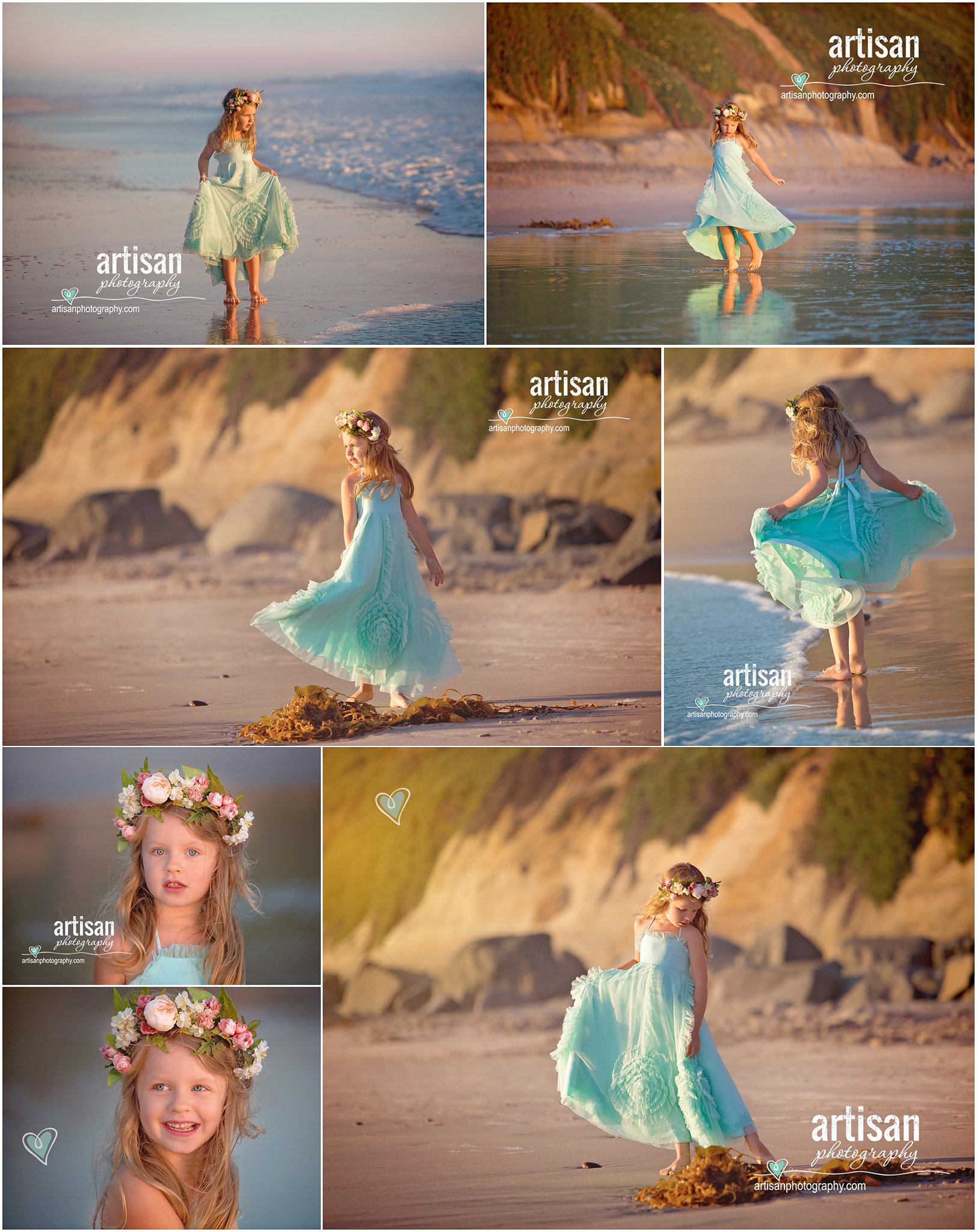 Artisan Photography Styled beach photoshoot, girl dancing on carlsbad california beach with princess dress