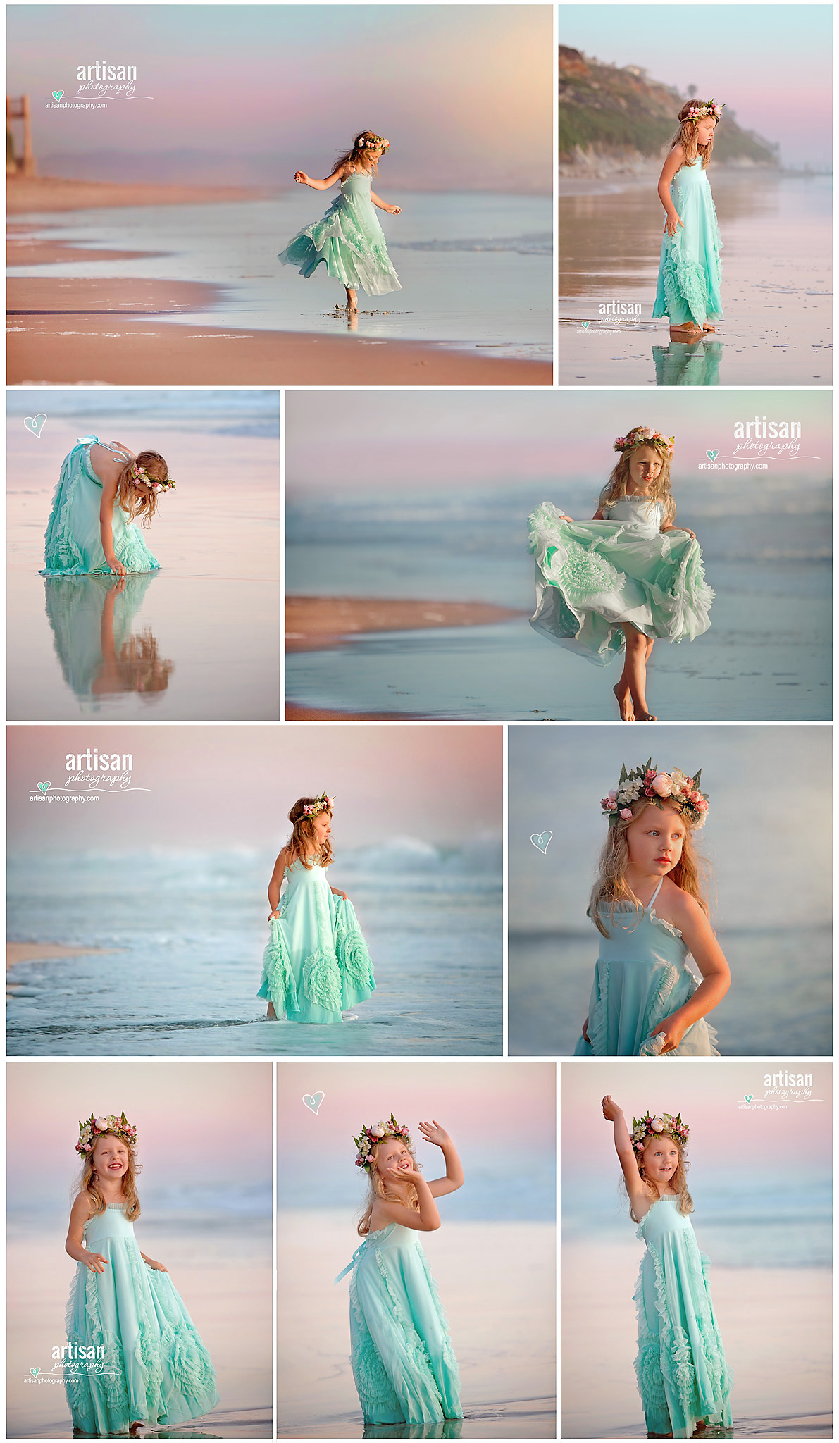 Artisan Photography Styled beach photoshoot, girl twirling on carlsbad california beach with princess dress