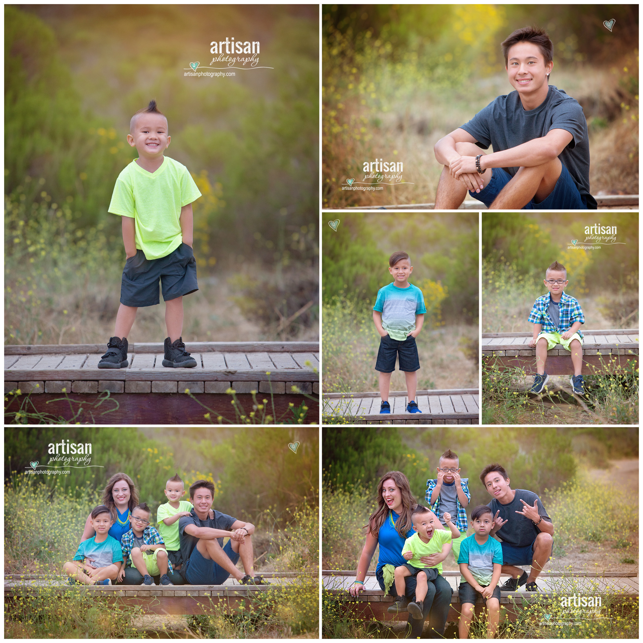 Carlsbad Family Photography on a trail mom and four boys in blue yellow and grey including three little kids