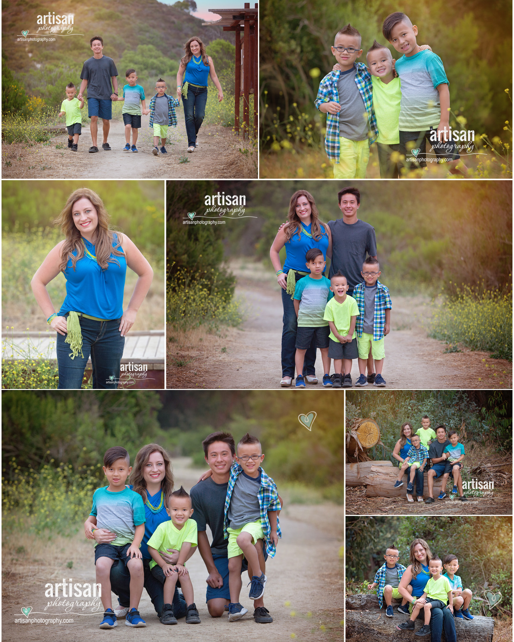 Carlsbad Family Photography on a trail mom and boys in blue yellow and grey