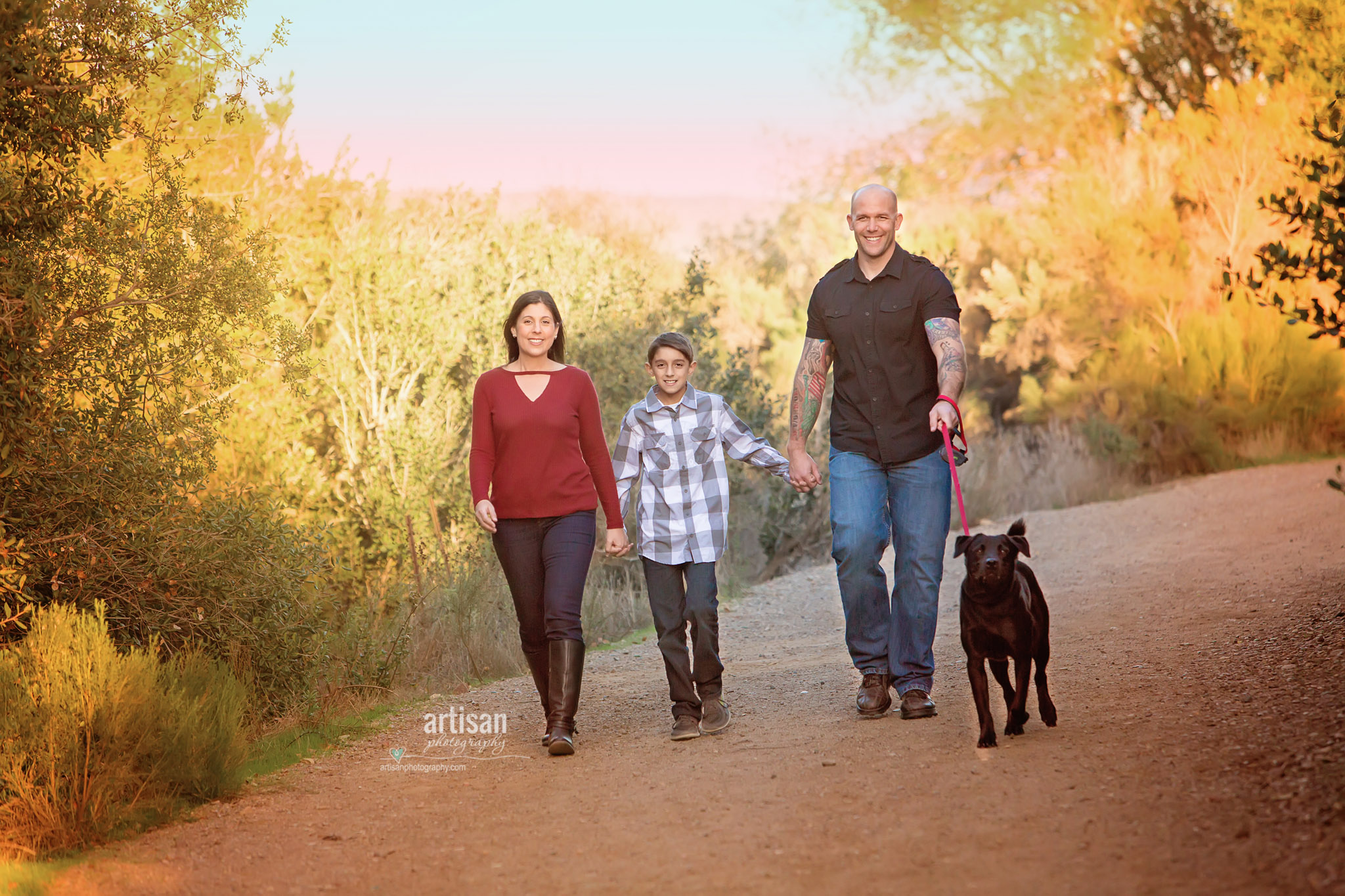 San Diego Family Session with a dog, beautiful trail and trees