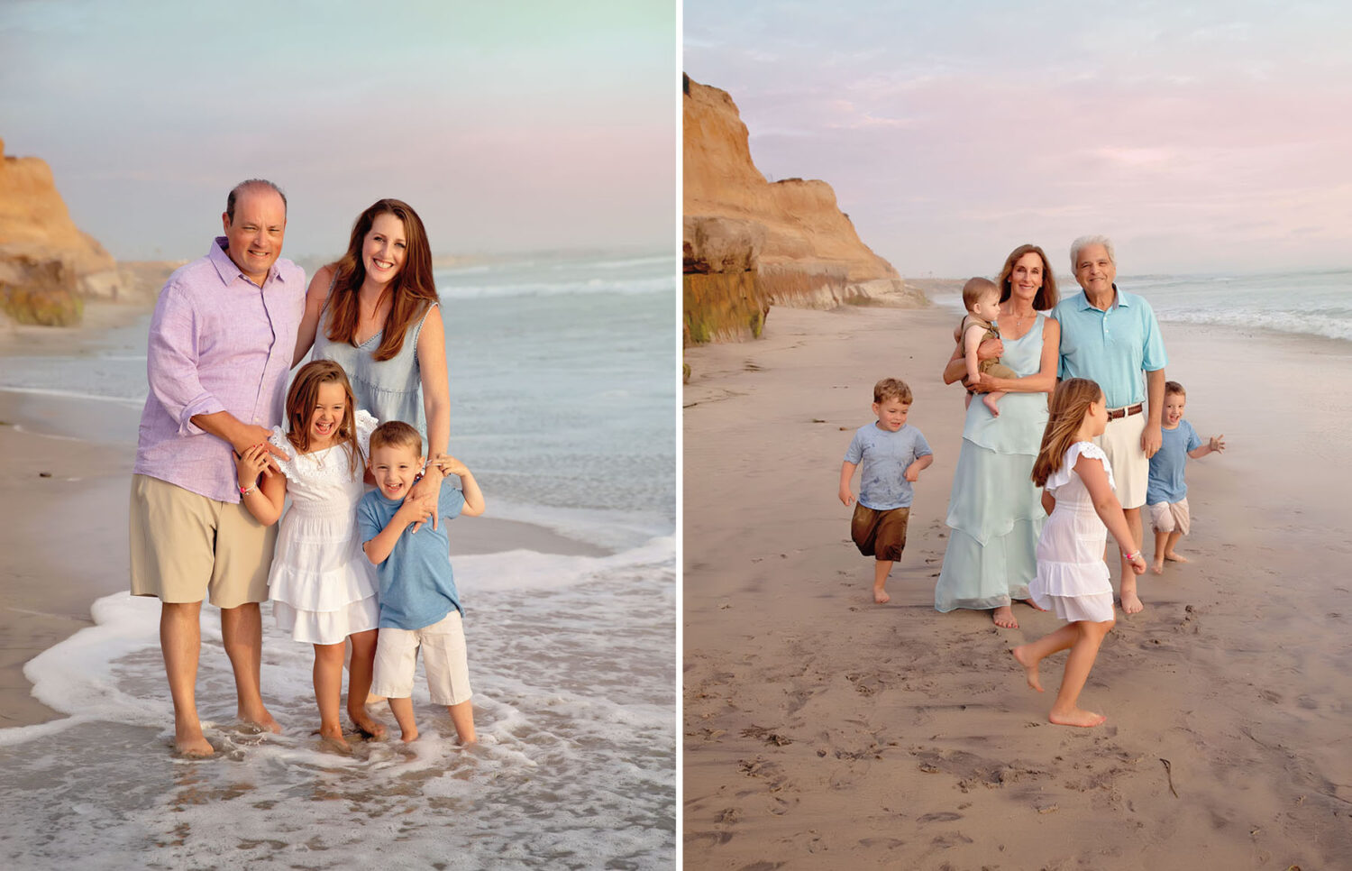 Families having fun. Kids running around grandparents on the beach. Carlsbad, California