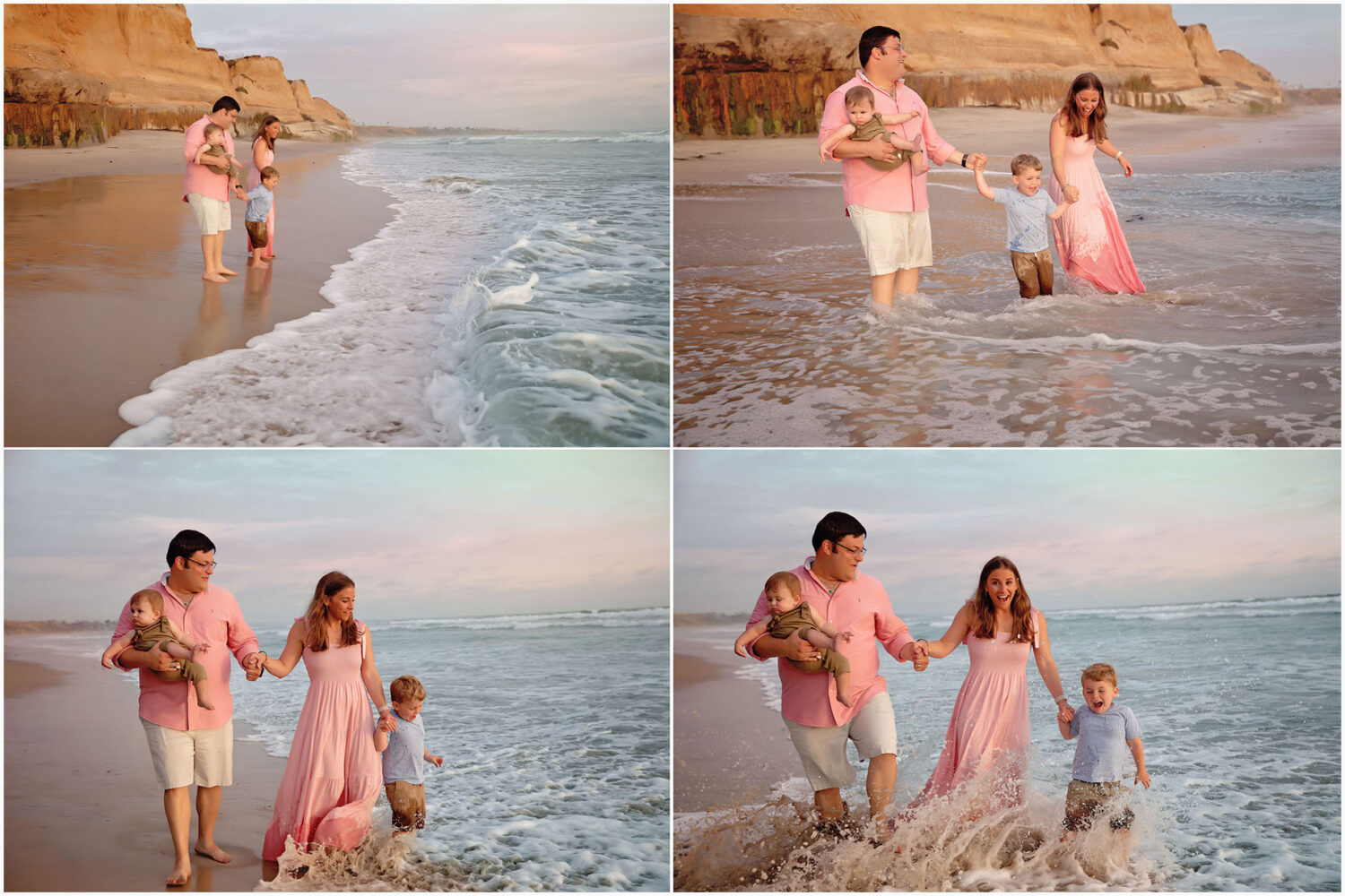 4 different images of a family of four, two little kids playing in the waves. Carlsbad, California